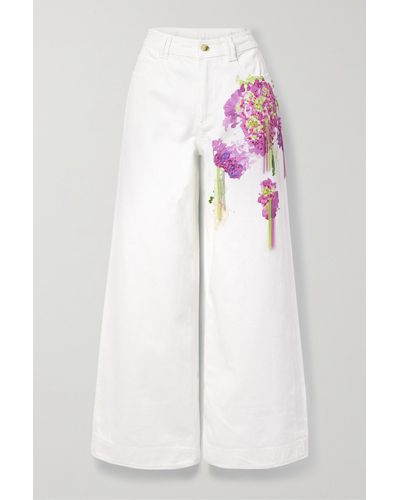 Aje. Hoch Sitzende Jeans Mit Weitem Bein Mit Blumenprint Und Verzierungen - Weiß