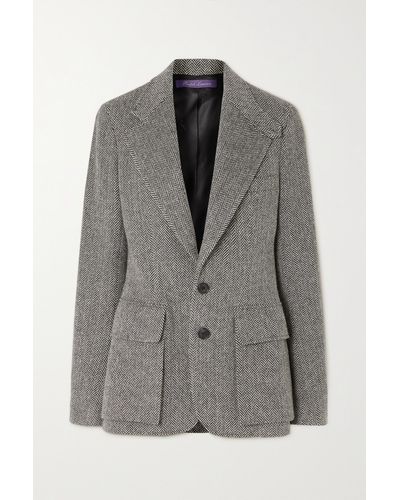 Ralph Lauren Collection Preston Blazer Aus Tweed Aus Einer Wollmischung Mit Hahnentrittmuster Und Lederbesätzensätzen - Grau
