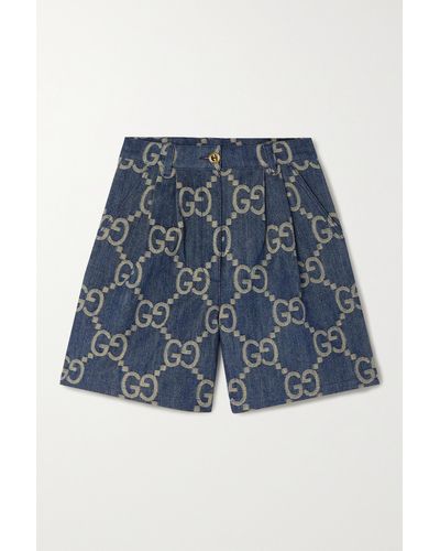 Gucci Jumbo Gg Leather-trimmed Pleated Denim-jacquard Shorts - Blue