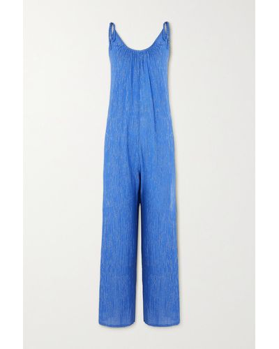 Suzie Kondi Besa Metallic Crinkled Cotton And Lurex-blend Gauze Jumpsuit - Blue