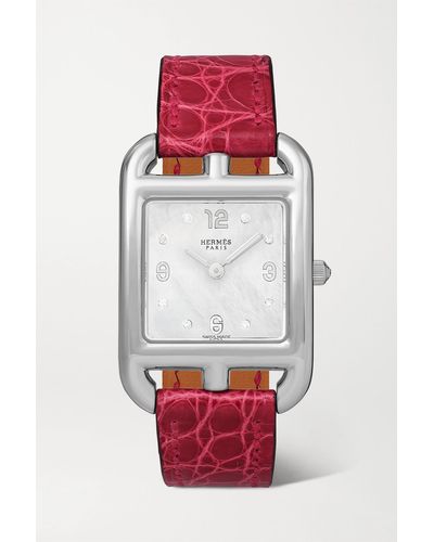 Hermès Cape Cod 31 Mm Kleine Uhr Aus Edelstahl Mit Perlmutt, Diamanten Und Alligatorlederarmband - Mettallic