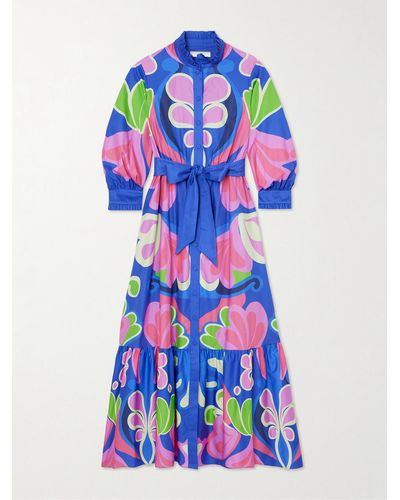 Borgo De Nor Demi Belted Floral-print Cotton-poplin Maxi Shirt Dress - Blue