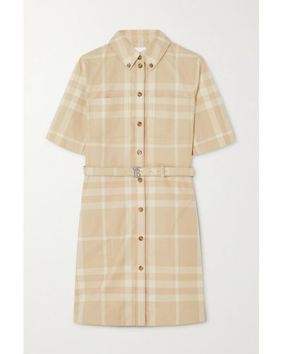 Burberry Belted Checked Cotton-gabardine Mini Shirt Dress - Natural