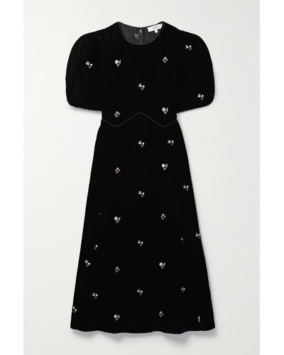 Sea Rubina Embroidered Velvet Midi Dress - Black