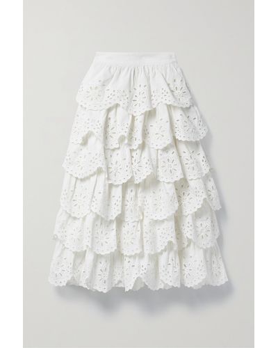 Sea Tali Tiered Broderie Anglaise Cotton And Linen-blend Midi Skirt - White
