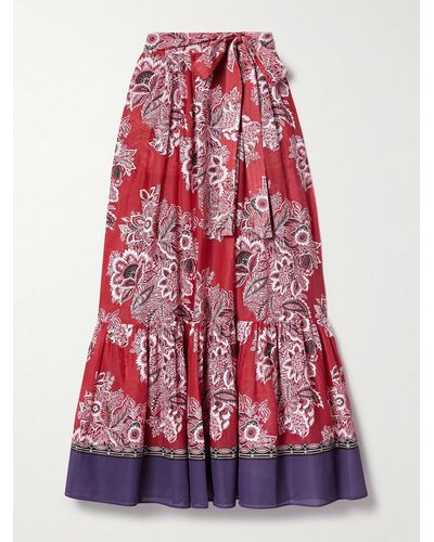 Etro Belted Printed Cotton And Silk-blend Voile Midi Skirt - Red
