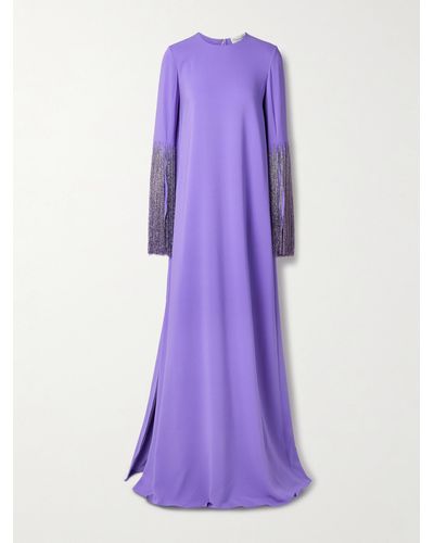 Oscar de la Renta Fringed Bead-embellished Silk-blend Crepe Gown - Purple