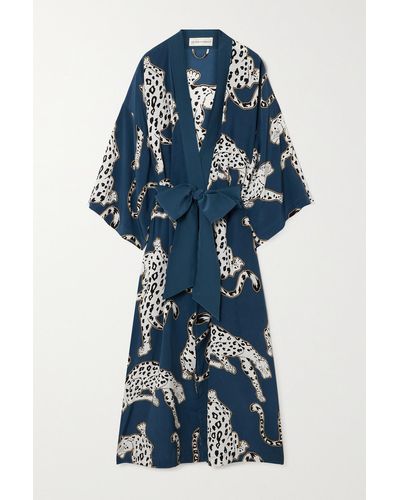 Olivia Von Halle Queenie Belted Printed Silk Crepe De Chine Robe - Blue
