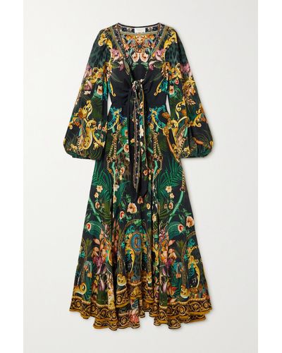 Camilla Tie-detailed Embellished Printed Silk Crepe De Chine Midi Dress - Green