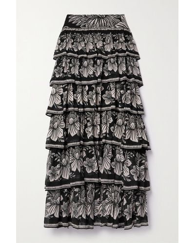 FARM Rio Tiered Floral-print Georgette Maxi Skirt - Black