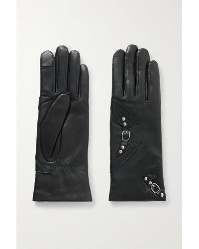 Agnelle Embellished Leather Gloves - Black