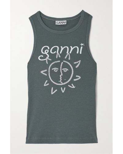 Ganni + Net Sustain Printed Ribbed Jersey Tank - Grey