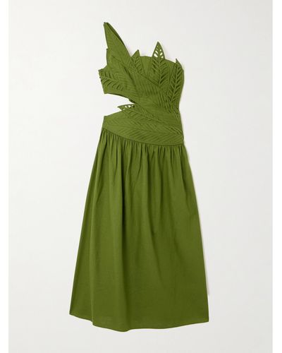 FARM Rio One-shoulder Cutout Linen-blend Midi Dress - Green
