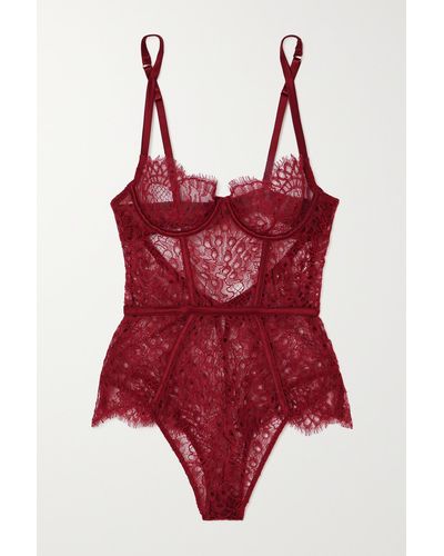Coco De Mer Astrantia Satin-trimmed Corded Leavers Lace Bodysuit - Red