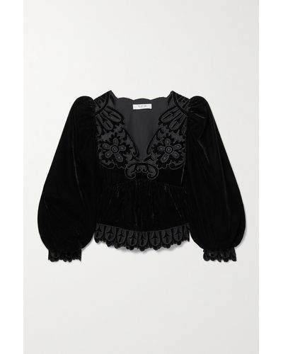 Sea Dana Tulle-trimmed Embroidered Velvet Blouse - Black