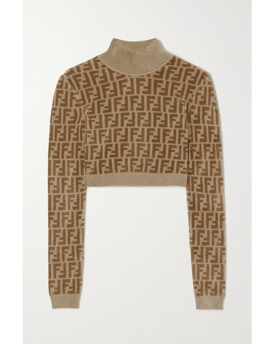 Fendi Printed Stretch-velvet Cropped Turtleneck Sweater - Natural