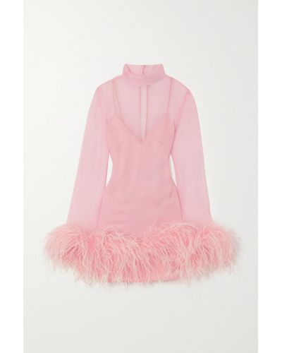 ‎Taller Marmo Gina Feather-trimmed Silk-chiffon Mini Dress - Pink