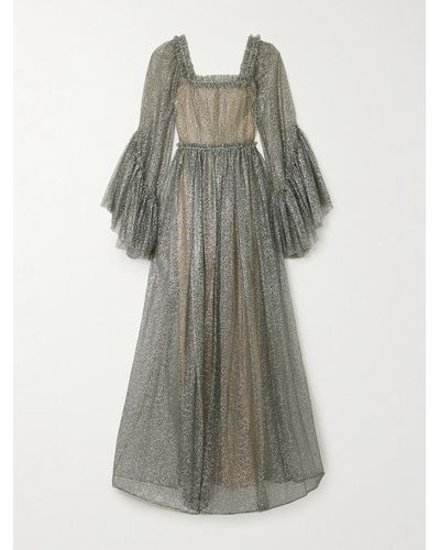 Sandra Mansour Enchanteresse Ruffled Glittered Tulle Maxi Dress - Grey