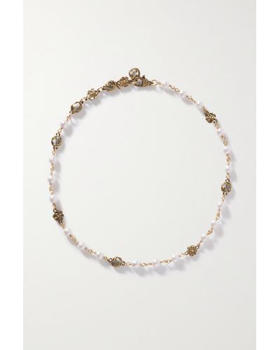 Gucci Halskette mit GG, Blumen-Detail und Perlen - Mettallic