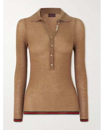 Gucci Webbing-trimmed Ribbed Cashmere And Silk-blend Top - Brown