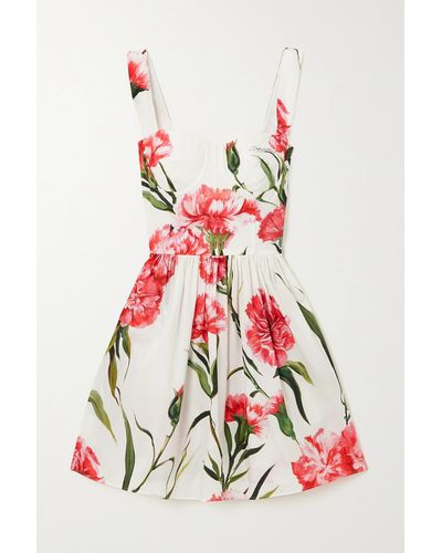 Dolce & Gabbana Pleated Floral-print Cotton-poplin Mini Dress - Red