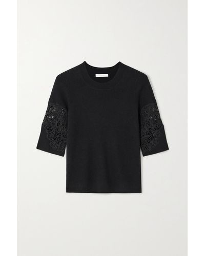 Chloé Guipure Lace-trimmed Ribbed Wool-blend Top - Black