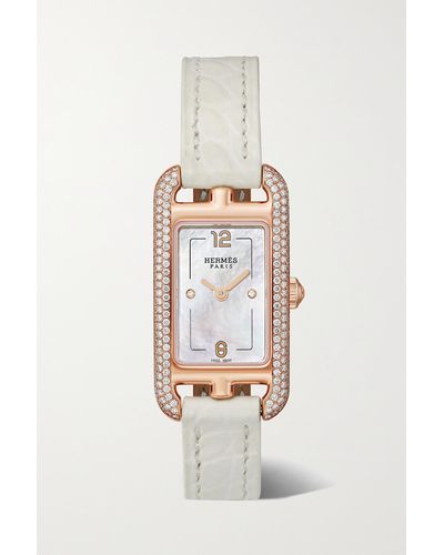 Hermès Nantucket 29mm Small 18-karat Rose Gold, Alligator, Mother-of-pearl And Diamond Watch - Metallic