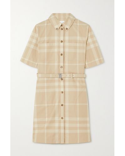 Burberry Belted Checked Cotton-gabardine Mini Shirt Dress - Natural