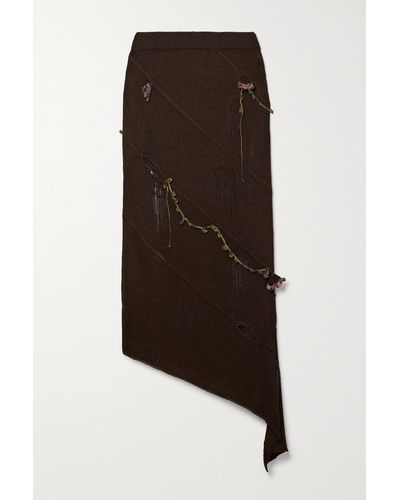 Acne Studios Keelah Asymmetric Distressed Appliquéd Knitted Midi Skirt - Black