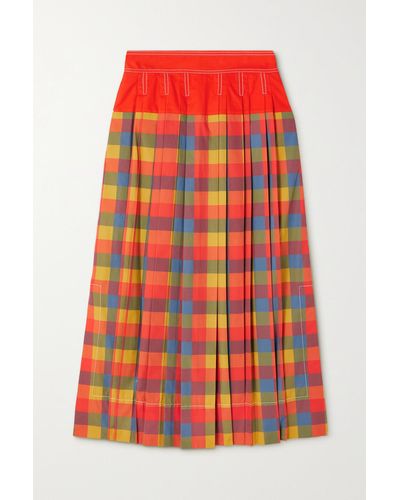 Tory Burch Veronica Pleated Checked Cotton-poplin Maxi Skirt - Red