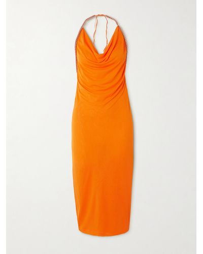 Dion Lee Barball Rückenfreies Neckholder-midikleid Aus Mesh Mit Zierperlen - Orange