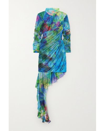 Marques'Almeida Asymmetric Printed Stretch Recycled-mesh Turtleneck Mini Dress - Blue