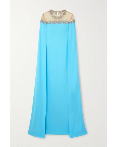 Oscar de la Renta Crystal-embellished Tulle-trimmed Stretch-silk Satin Gown - Blue