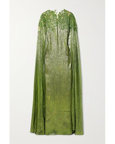 Oscar de la Renta Cape-effect Embellished Embroidered Tulle-trimmed Silk-blend Lamé Gown - Green