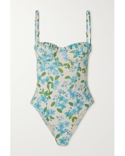 Peony Memories Ruched Floral-print Stretch-econyl Swimsuit - Blue