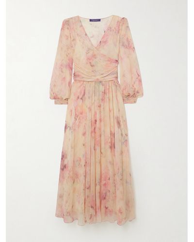 Ralph Lauren Collection Skielar Bedrucktes Kleid Aus Plissiertem Seiden-georgette Mit Wickeleffekt - Pink