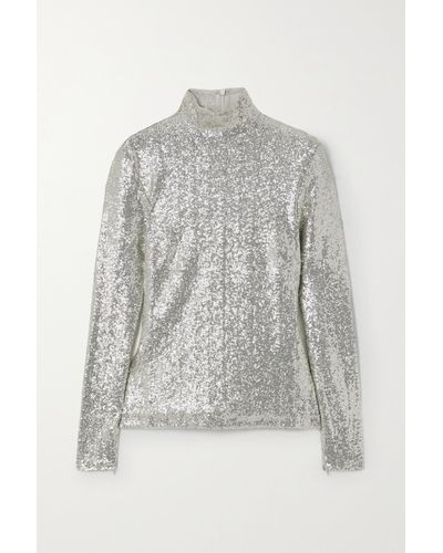 Ralph Lauren Collection Sequined Stretch-tulle Turtleneck Top - Gray