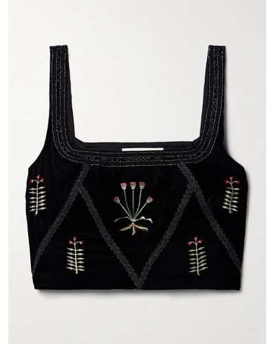 Emporio Sirenuse Cindarella Cropped Bead-embellished Embroidered Velvet Top - Black