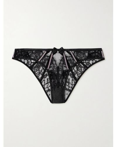 Agent Provocateur Caitriona Crystal-embellished Satin-trimmed Cutout Lace Briefs - Black