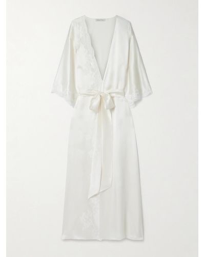 Carine Gilson Belted Lace-trimmed Silk-satin Robe - White