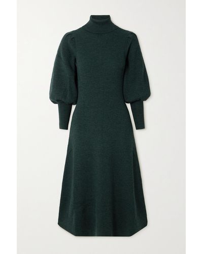 Cefinn Eva Ribbed Merino Wool-blend Turtleneck Midi Dress - Green