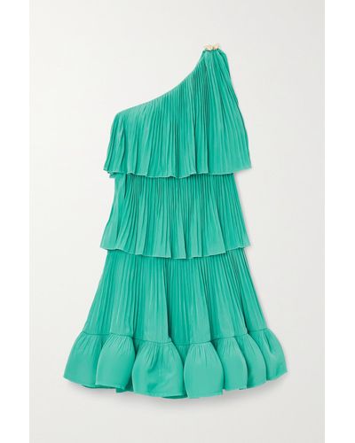 Lanvin One-shoulder Tiered Ruffled Charmeuse Mini Dress - Green