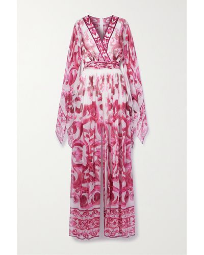 Dolce & Gabbana Majolica Belted Printed Silk-chiffon Jumpsuit - Pink