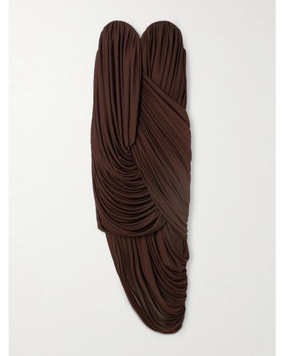 Loewe Strapless Draped Gathered Jersey Midi Dress - Brown