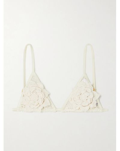 PATBO Appliquéd Embellished Crocheted Cotton Triangle Bikini Top - Natural