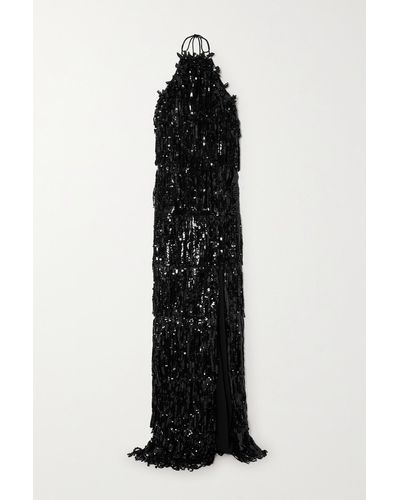 Carolina Herrera Fringed Sequined Crepe Halterneck Gown - Black