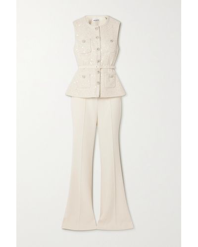 Self-Portrait Convertible Belted Embellished Metallic Bouclé-tweed And Crepe Jumpsuit - Natural