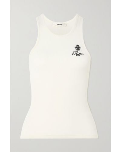 FRAME + Ritz Paris Embroidered Ribbed-jersey Tank - Natural