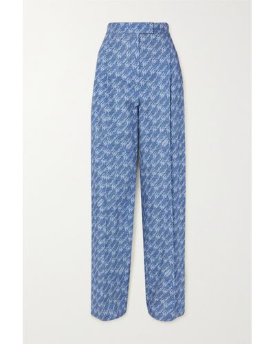 Fendi Pleated Printed Cotton-chambray Wide-leg Trousers - Blue