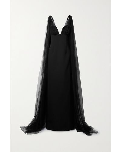 Oscar de la Renta Cape-effect Tulle And Wool-blend Gown - Black